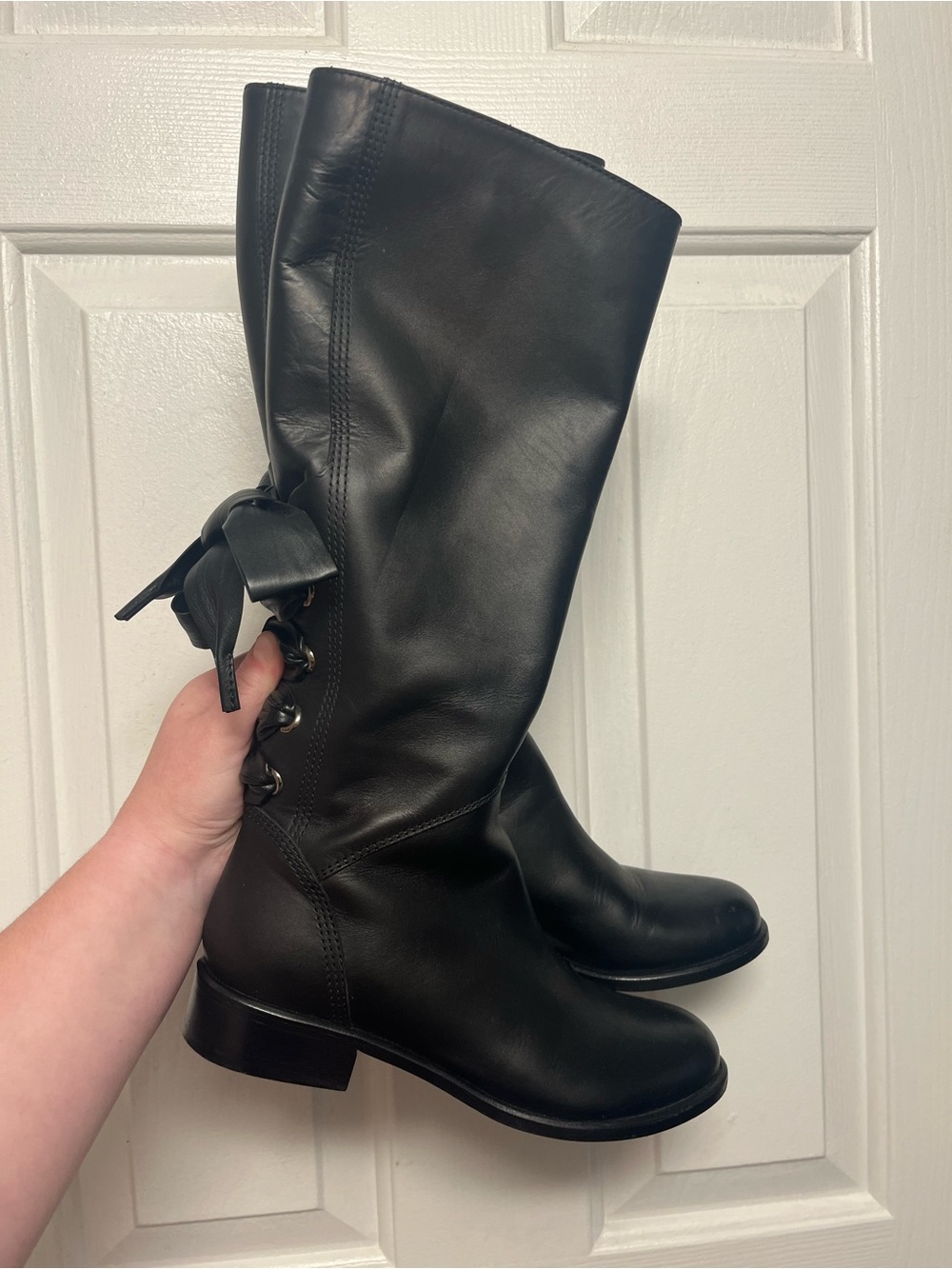 Valentino Black Leather Mid-Calf Boots with Bow Detail
